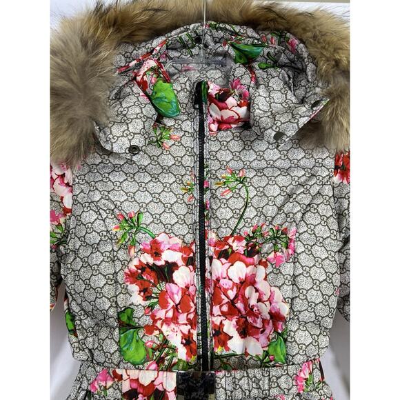 Girls Down Puffer Jacket Brown Floral Removable Hood Fur Trim Sz 8 - Picture 3 of 16